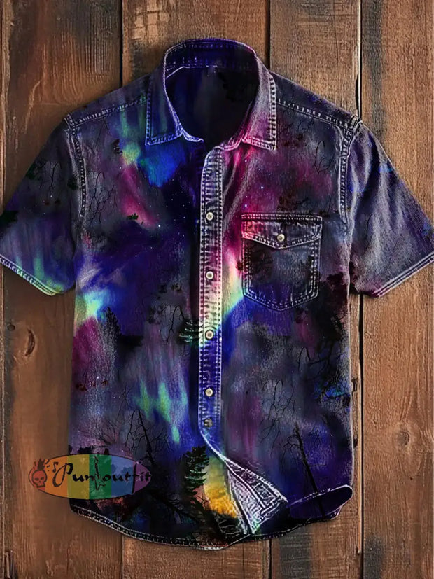 Unisex Men’s Vintage Punk Colorful Fantasy Magic Abstract Print Casual Short Sleeve Pocket Shirt Purple / S