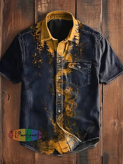 Unisex Men’s Vintage Punk Dark Colorful Grove Gradient Art Abstract Print Casual Short Sleeve Pocket Shirt As picture