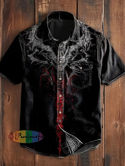 Unisex Men’s Vintage Punk Dark Colorful Sword Art Abstract Print Casual Short Sleeve Pocket Shirt Black / S