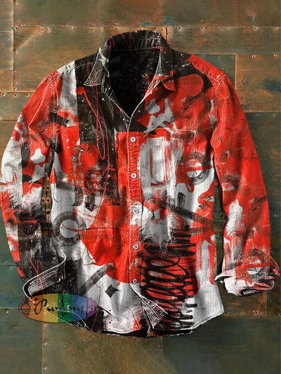 Unisex Men’s Vintage Punk Dark Red Graffiti Abstract Print Casual Long Sleeve Shirt As picture / S