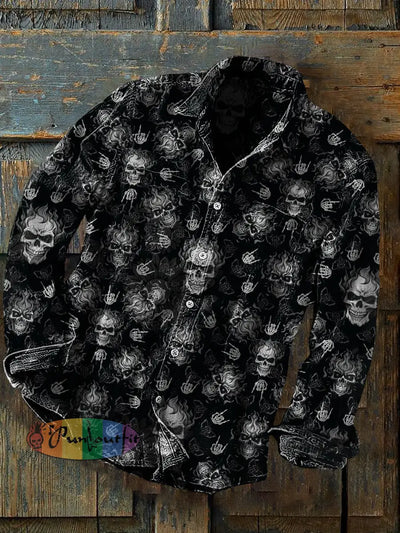 Unisex Men’s Vintage Punk Dark Rock Skulls Abstract Print Casual Long Sleeve Two Pocket Shirt