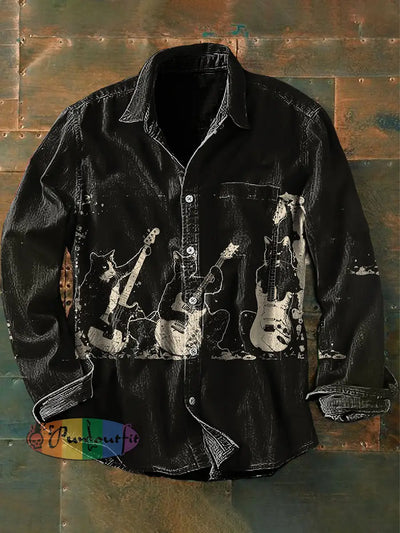 Unisex Men’s Vintage Punk Dark Skull Cats Band Guitar Abstract Print Casual Long Sleeve Shirt Black / S