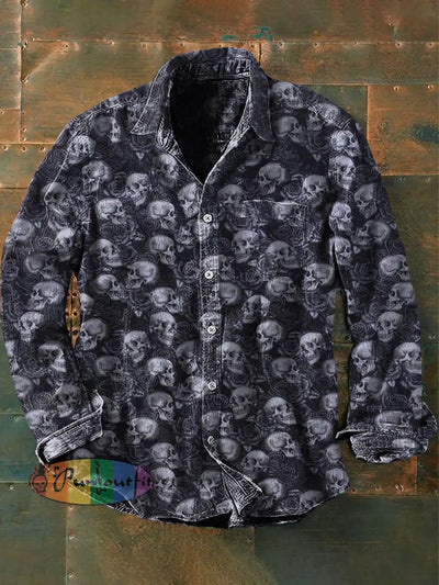 Unisex Men’s Vintage Punk Dark Skulls Abstract Print Casual Long Sleeve Shirt Purple / S