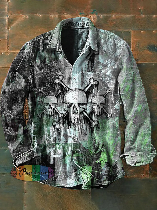 Unisex Men’s Vintage Punk Diablo Style Graffiti Skulls Abstract Print Casual Long Sleeve Shirt As