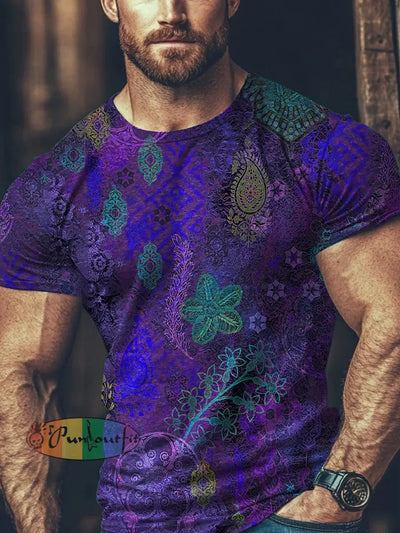 Unisex Men’s Vintage Punk Gothic Colorful Perris Floral Squares Abstract Print Casual Cotton Short Sleeve T-Shirt