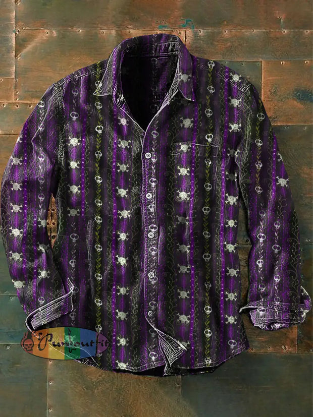 Unisex Men’s Vintage Punk Gothic Death Vine Skulls Abstract Print Casual Long Sleeve Shirt Purple