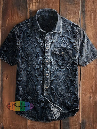 Unisex Men’s Vintage Punk Gothic Floral Gradient Art Abstract Print Casual Short Sleeve Pocket Shirt Blue / S