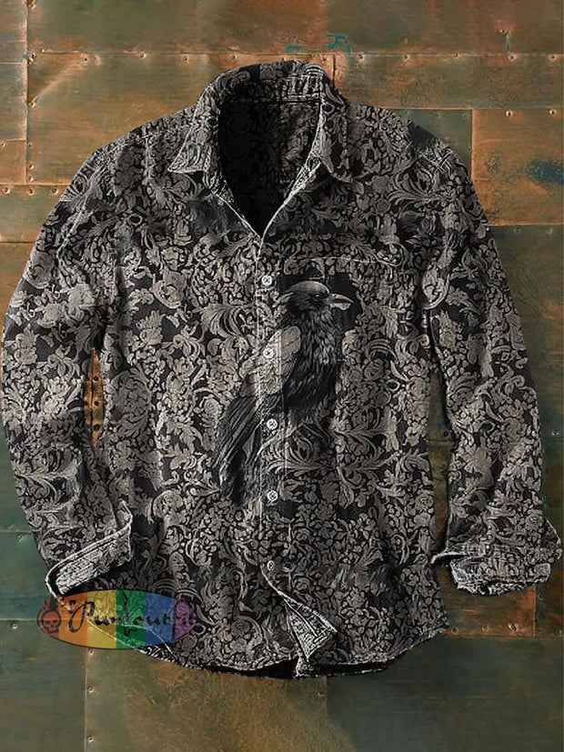 Unisex Men’s Vintage Punk Gothic Floral Raven Abstract Print Casual Long Sleeve Shirt As Picture / S