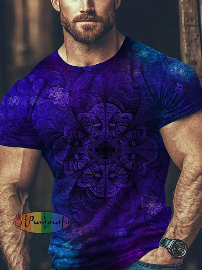 Unisex Men’s Vintage Punk Gothic Gradient Colorful Mandala Abstract Print Casual Cotton Short Sleeve T-Shirt Purple / S