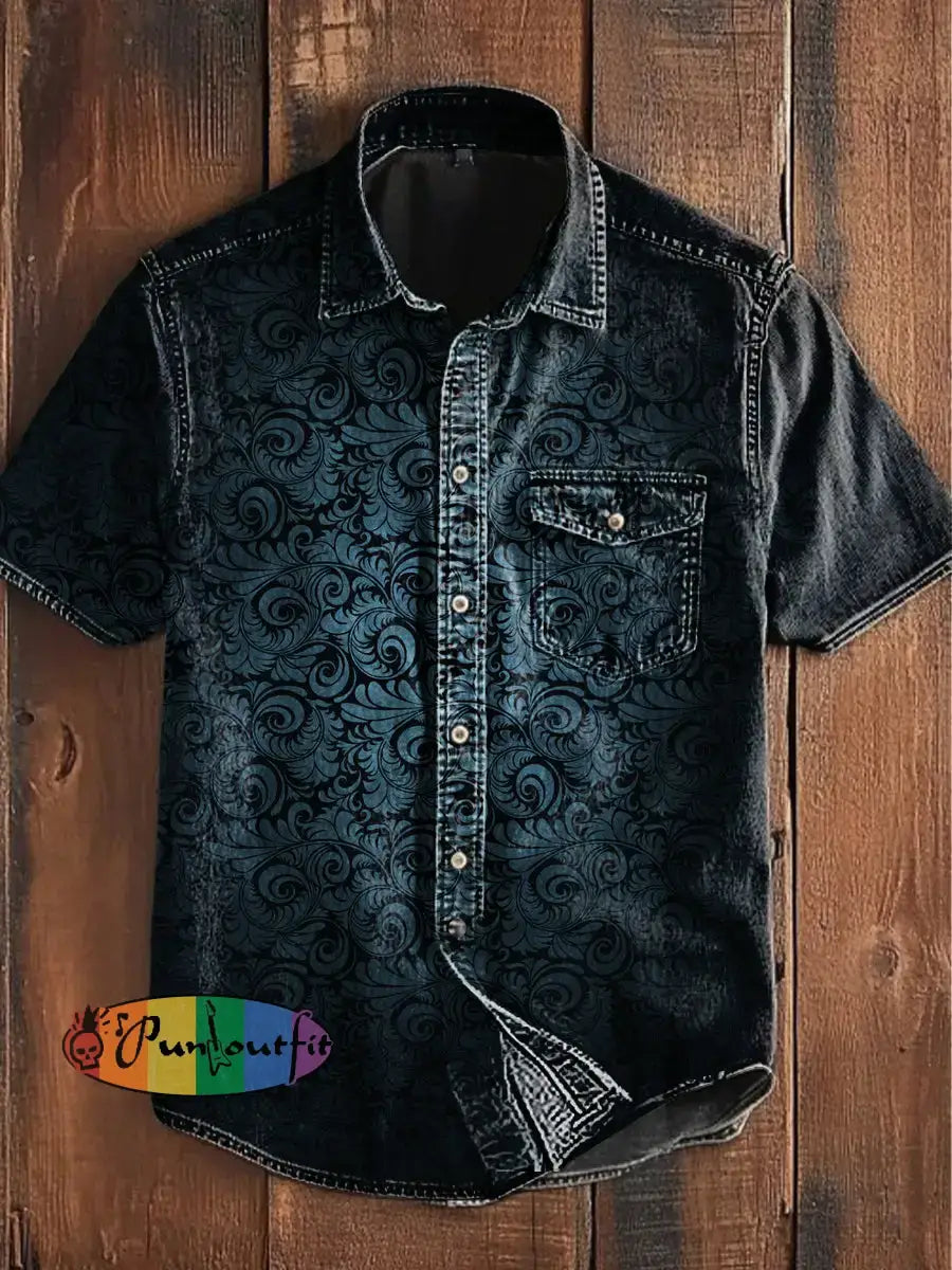 Unisex Men’s Vintage Punk Gothic Gradient Swirl Patterns Abstract Print Casual Short Sleeve Pocket Shirt Short Sleeve