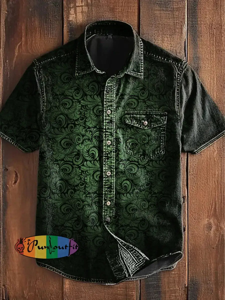 Unisex Men’s Vintage Punk Gothic Gradient Swirl Patterns Abstract Print Casual Short Sleeve Pocket Shirt Short Sleeve