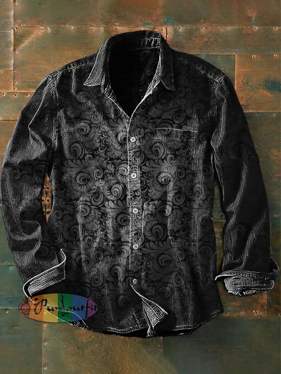 Unisex Men’s Vintage Punk Gothic Gradient Swirl Patterns Abstract Print Casual Short Sleeve Pocket Shirt Long Sleeve