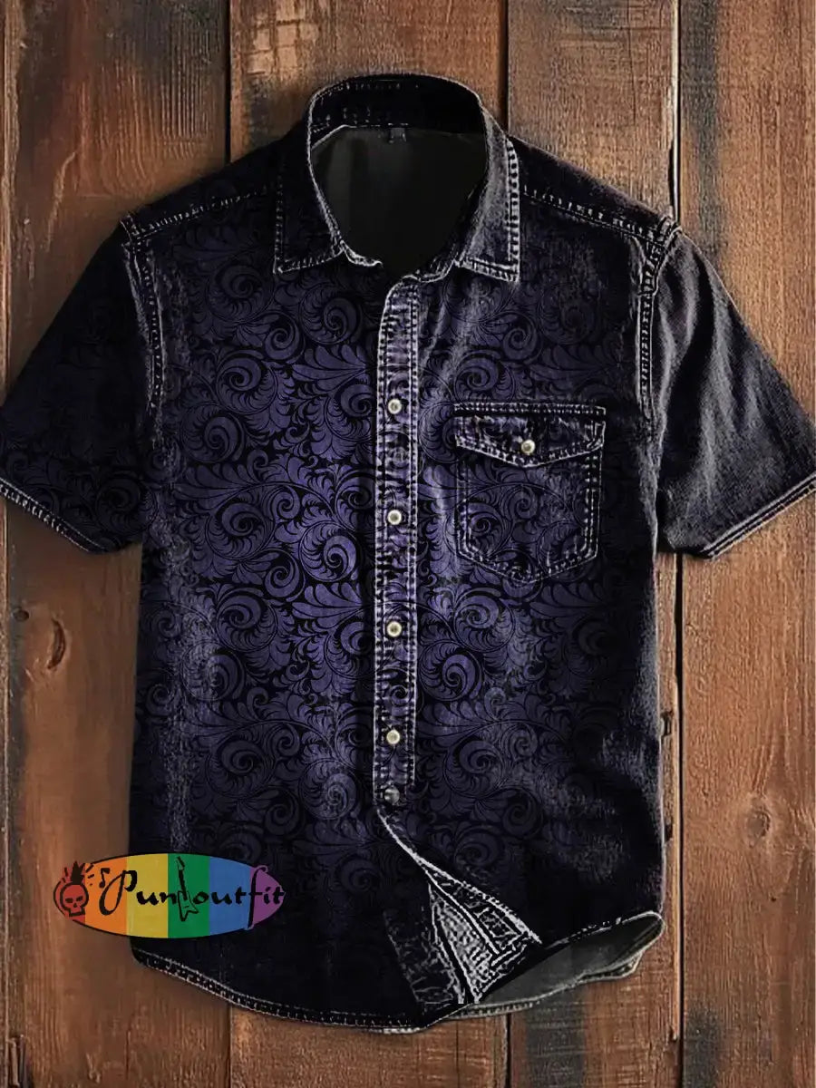 Unisex Men’s Vintage Punk Gothic Gradient Swirl Patterns Abstract Print Casual Short Sleeve Pocket Shirt Short Sleeve