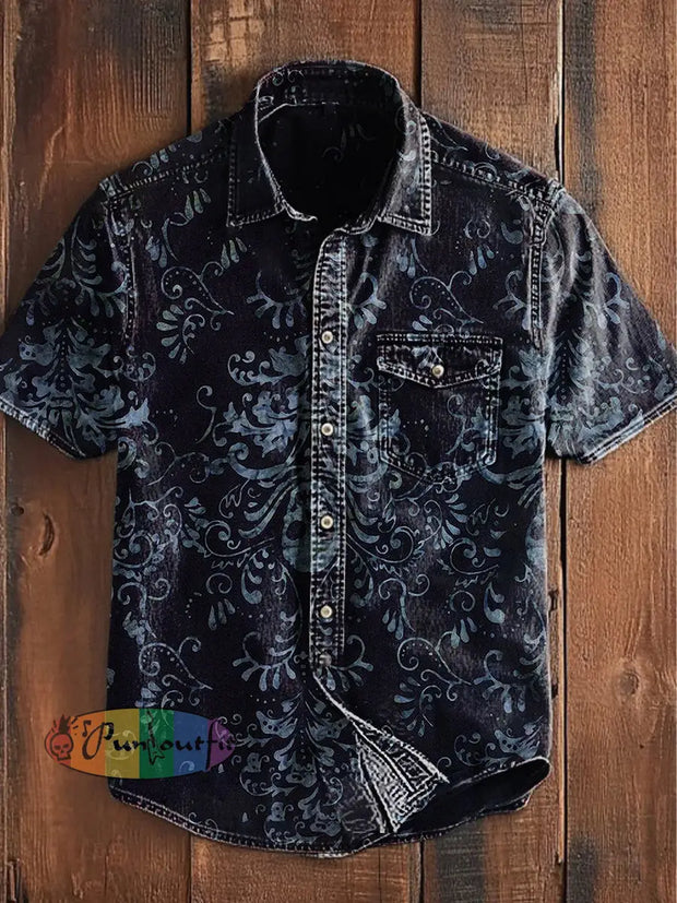 Unisex Men’s Vintage Punk Gothic Skull Floral Art Abstract Print Casual Short Sleeve Pocket Shirt Blue / S