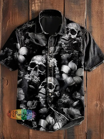 Unisex Men’s Vintage Punk Gothic Skull Floral Art Abstract Print Casual Upgraded Cotton Short Sleeve Pocket Shirt Black