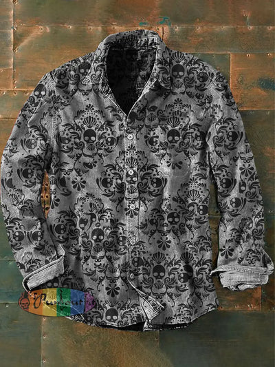 Unisex Men’s Vintage Punk Gothic Skull Patterns Abstract Print Casual Long Sleeve Shirt Gray / S