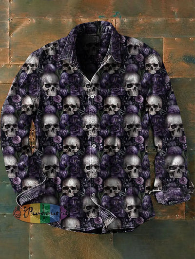 Unisex Men’s Vintage Punk Gothic Skull Rose Abstract Print Casual Long Sleeve Shirt Purple / S