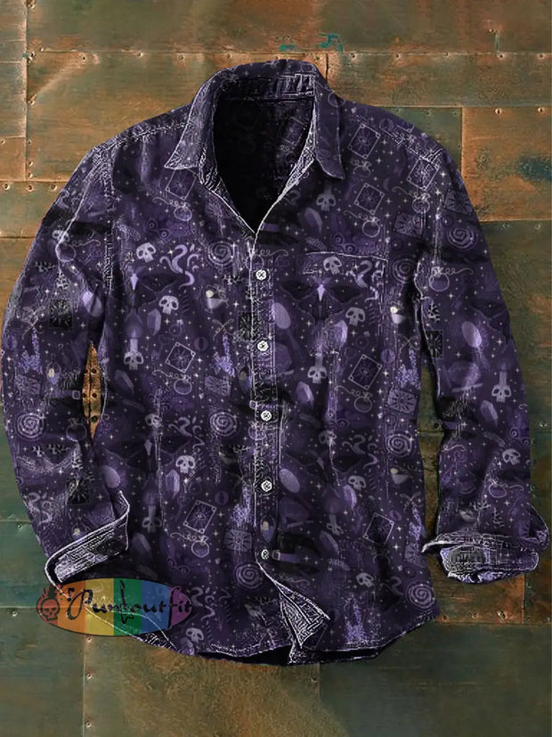 Unisex Men’s Vintage Punk Gothic Skull Space Cat Abstract Print Casual Long Sleeve Shirt Purple / S