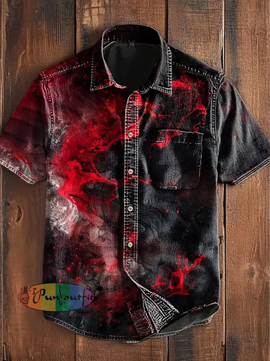 Unisex Men’s Vintage Punk Gothic Wave Colorful Gradient Abstract Print Casual Cotton Short Sleeve Pocket Shirt Red / S