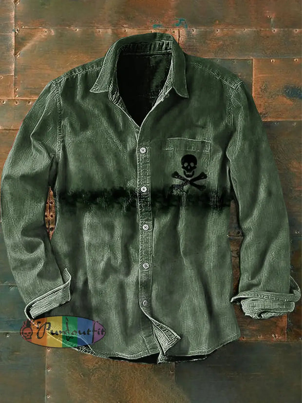 Unisex Men’s Vintage Punk Green Skull Abstract Print Casual Long Sleeve Shirt Green / S