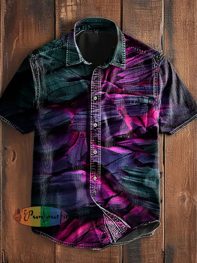 Unisex Men’s Vintage Punk Multi-Colored Rock3D Abstract Print Casual Cotton Short Sleeve Pocket Shirt As picture / S
