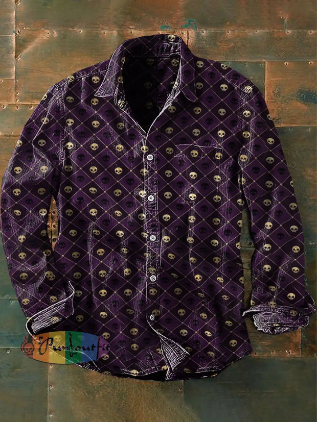 Unisex Men’s Vintage Punk Purple And Gold Skull Clowns Abstract Print Casual Long Sleeve Shirt / S