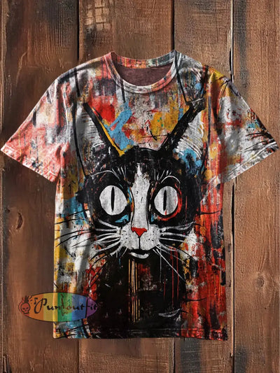 Unisex Men’s Vintage Punk Rock Graffiti Cat Art Abstract Print Casual Cotton Short Sleeve T-Shirt Red / S