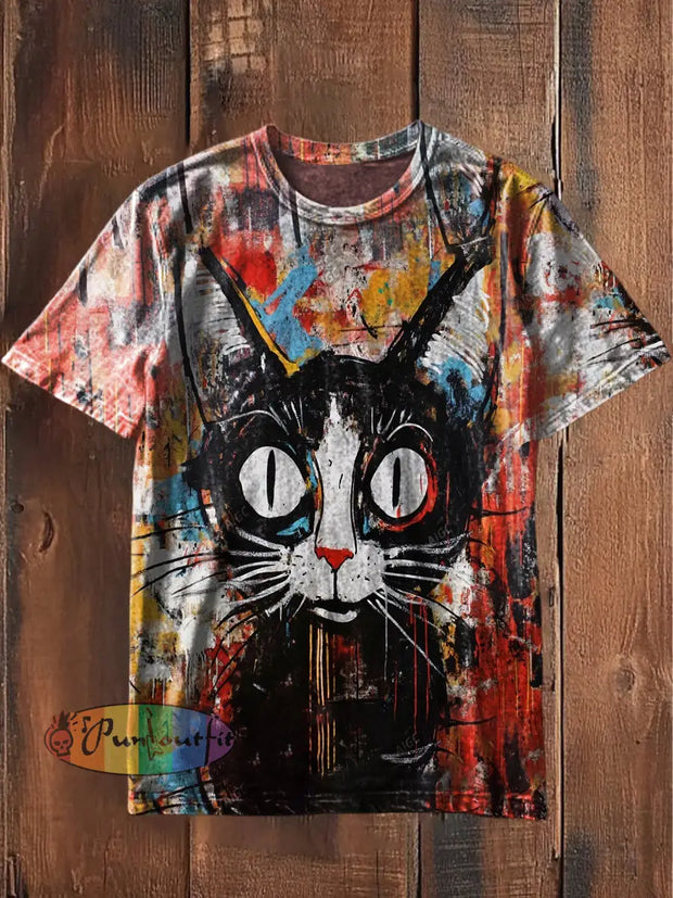 Unisex Men’s Vintage Punk Rock Graffiti Cat Art Abstract Print Casual Cotton Short Sleeve T-Shirt Red / S
