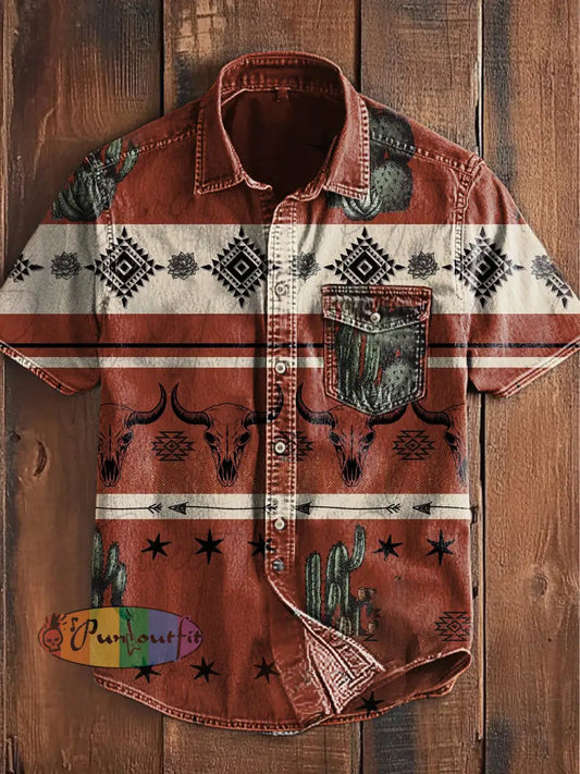 Unisex Men’s Vintage Western Aztec Cactus Cow Skull Art Abstract Print Casual Short Sleeve Pocket Shirt Wine Red / S