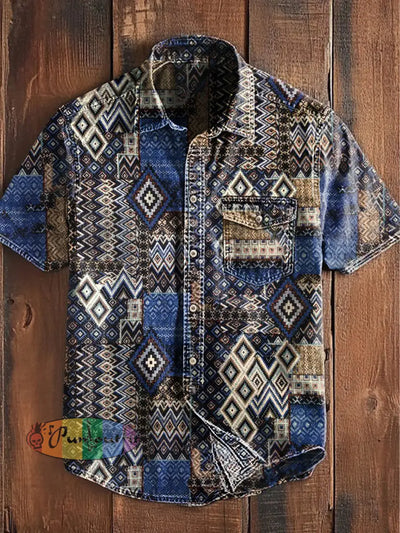 Unisex Men’s Vintage Western Colorful Geometric Colorblocking Art Abstract Print Casual Short Sleeve Pocket Shirt Blue