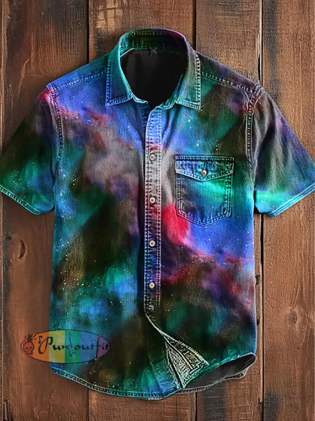Unisex Men’s Vintage Western Colorful Magic Abstract Print Casual Short Sleeve Pocket Shirt Blue / S