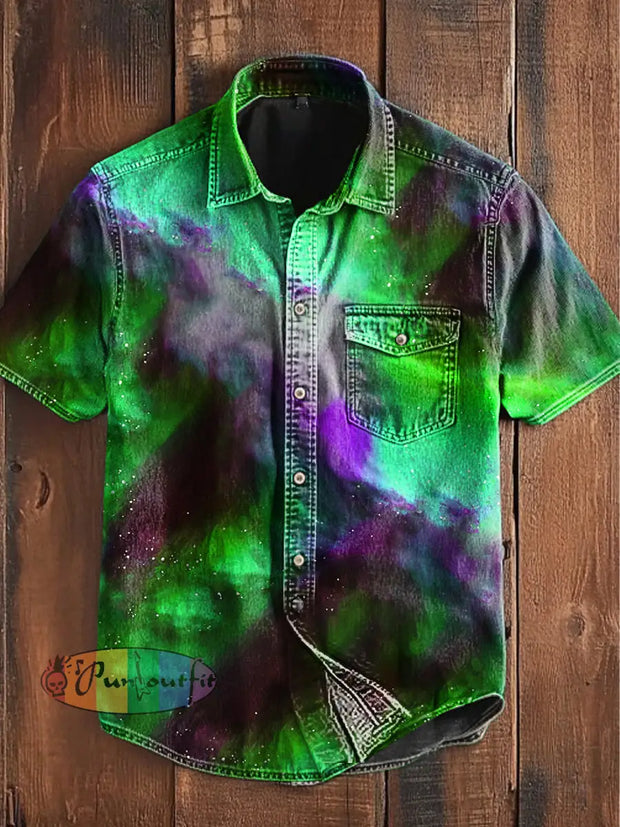 Unisex Men’s Vintage Western Colorful Magic Abstract Print Casual Short Sleeve Pocket Shirt Green / S