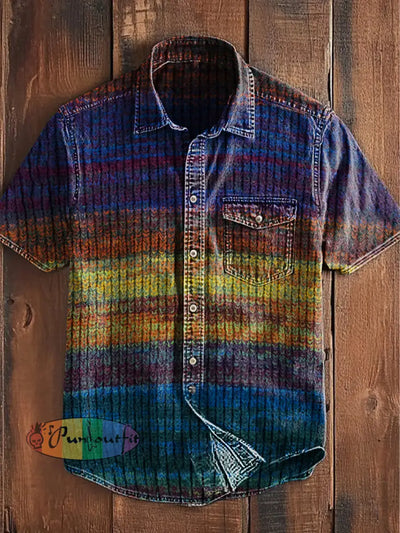 Unisex Men’s Vintage Western Colorful Stripe Art Design Abstract Print Casual Short Sleeve Pocket Shirt As picture / S