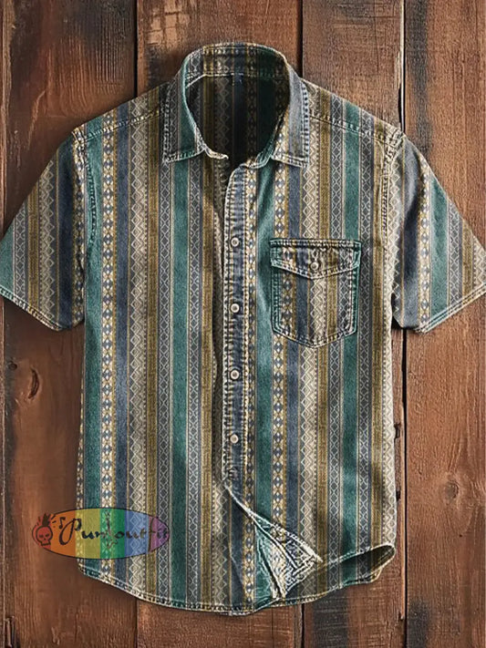 Unisex Men’s Vintage Western Colorful Stripe Art Design Abstract Print Casual Short Sleeve Pocket Shirt As picture / S