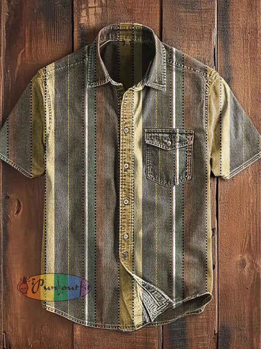 Unisex Men’s Vintage Western Colorful Stripe Art Design Abstract Print Casual Short Sleeve Pocket Shirt As picture / S