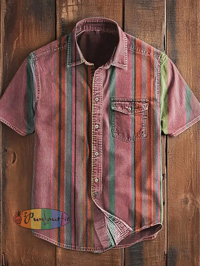 Unisex Men’s Vintage Western Colorful Stripes Abstract Print Casual Pocket Short Sleeve Shirt Pink / S