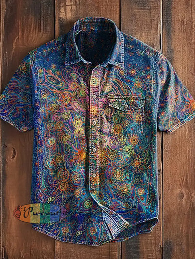 Unisex Men’s Vintage Western Colorful Swirl Art Design Abstract Print Casual Short Sleeve Pocket Shirt Blue / S