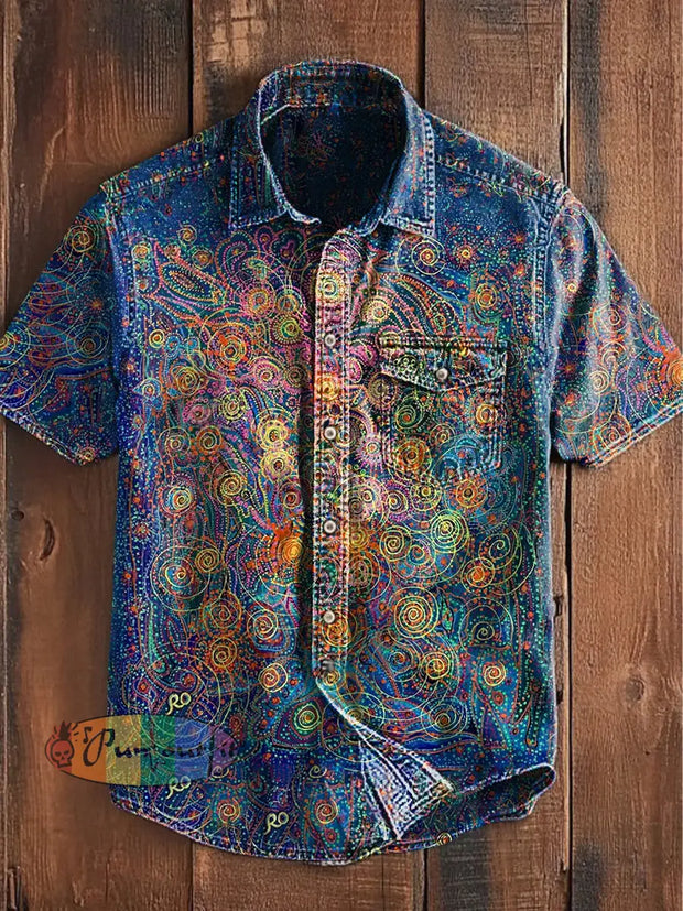 Unisex Men’s Vintage Western Colorful Swirl Art Design Abstract Print Casual Short Sleeve Pocket Shirt Blue / S