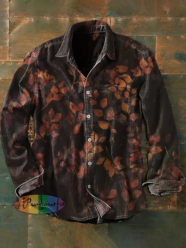 Unisex Men’s Vintage Western Ethnic Balinese Leaf Abstract Print Casual Long Sleeve Shirt As