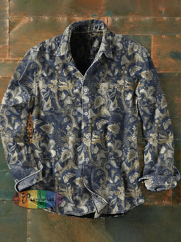 Unisex Men’s Vintage Western Ethnic Floral Fashion Abstract Print Casual Long Sleeve Shirt Navy