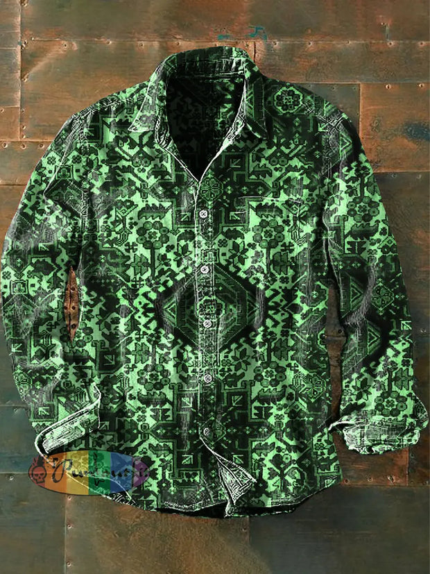 Unisex Men’s Vintage Western Ethnic Geometric Floral Abstract Print Casual Long Sleeve Shirt