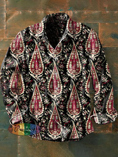 Unisex Men’s Vintage Western Ethnic Perris Floral Abstract Print Casual Long Sleeve Shirt As