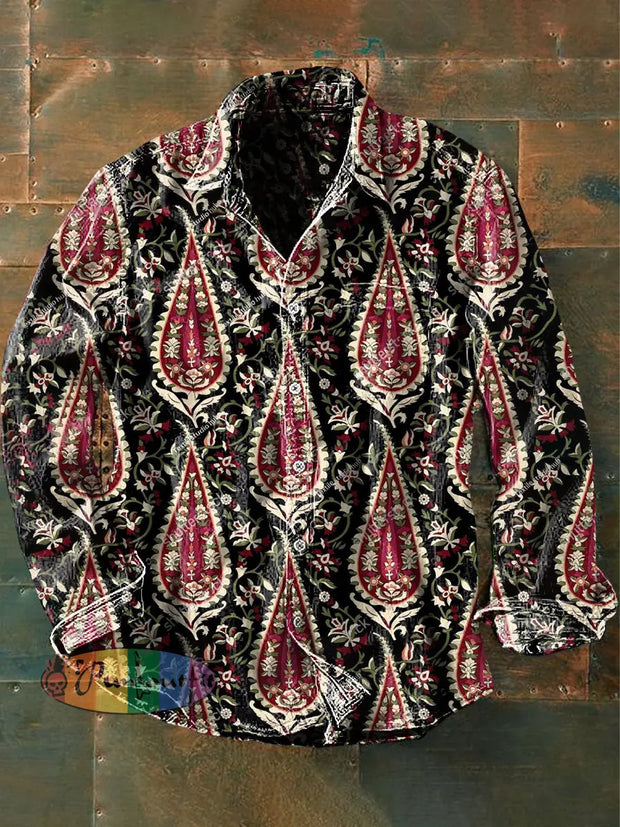 Unisex Men’s Vintage Western Ethnic Perris Floral Abstract Print Casual Long Sleeve Shirt As