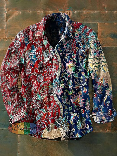 Unisex Men’s Vintage Western Ethnic Persian Floral Abstract Print Casual Long Sleeve Shirt As