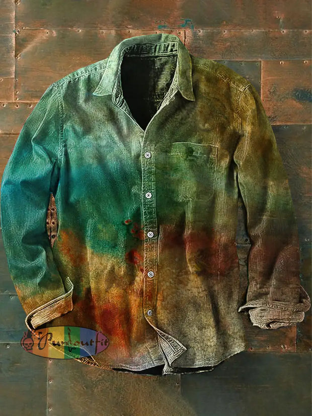 Unisex Men’s Vintage Western Gradient Green Abstract Print Casual Long Sleeve Shirt As Picture / S