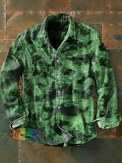 Unisex Men’s Vintage Western Gradient Green Floral Abstract Print Casual Long Sleeve Shirt / S