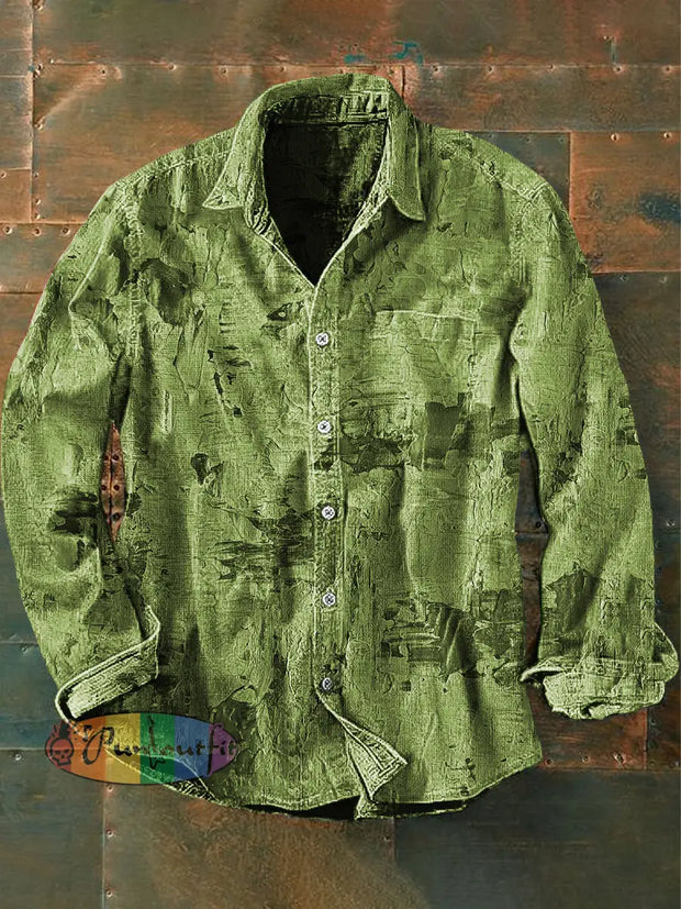 Unisex Men’s Vintage Western Green Graffiti Abstract Print Casual Long Sleeve Shirt / S