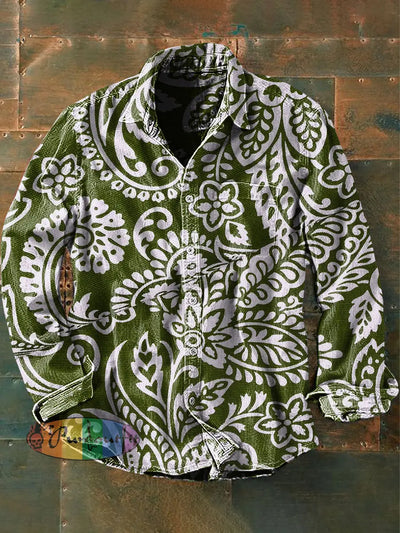 Unisex Men’s Vintage Western Green Perris Pattern Abstract Print Casual Long Sleeve Shirt / S