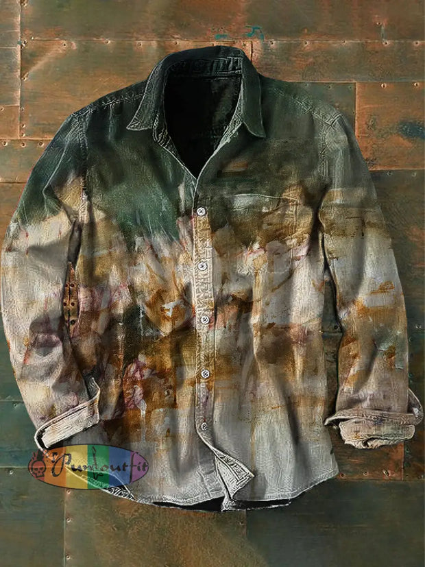 Unisex Men’s Vintage Western Horse Art Colorful Abstract Print Casual Long Sleeve Shirt As