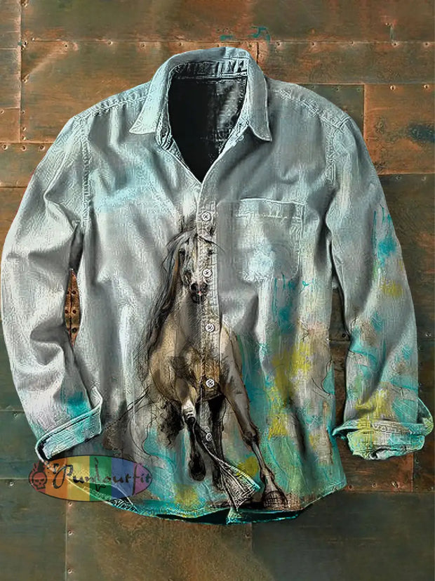 Unisex Men’s Vintage Western Horse Design Art Abstract Print Casual Long Sleeve Shirt As Picture / S